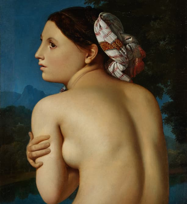 Huile sur toile représentant une femme nue, de dos, regardant sur la gauche, avec ses cheveux attachés