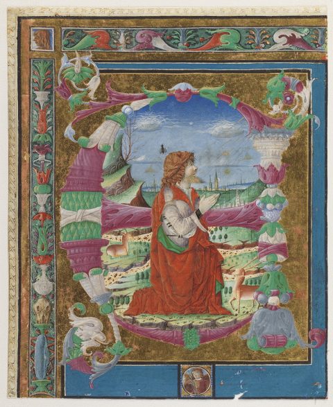 Lettre E historiée : David priant ; Portée (verso) - Attribué à Giovanni GADIO ; attribué à Antonio CICOGNARA