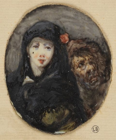 Femme en mantille noire adossée à un mendiant monstrueux - Francisco de GOYA Y LUCIENTES