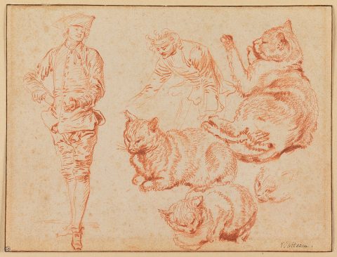 Deux hommes et quatre chats - Antoine WATTEAU