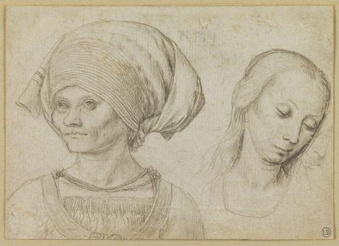 Femme en buste, tournée vers la gauche ; Tête de femme penchée vers la droite, reprise du nez et de la bouche (verso) - Auteur(e) non identifié(e) ; Maître souabe