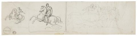 Études de soldats à cheval ; études d'un homme de profil marchant, d'une jambe et des pieds, de bras et de mains, et d'un guerrier debout tenant un bouclier (verso) - Théodore GÉRICAULT
