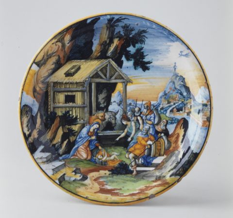 Plat décoratif : L'Adoration des bergers - Auteur(e) non identifié(e) / Atelier céramique d'Urbino