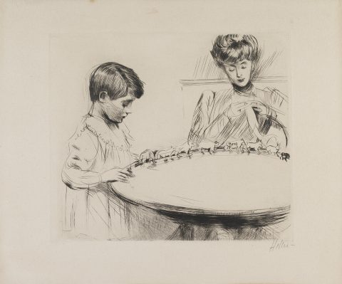 Alice Helleu, brodant, et son fils Jean - Paul HELLEU