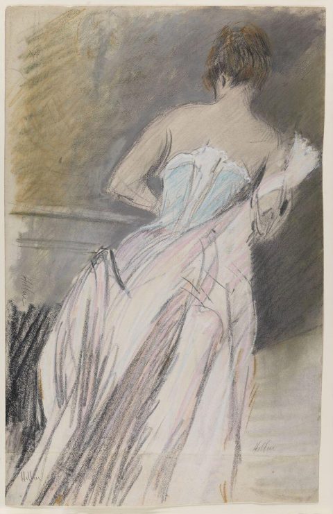 Élégante de dos au corset bleu - Paul HELLEU