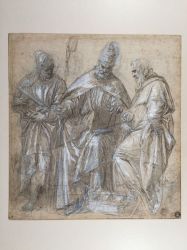 Un Pape tenant un livre entre deux hommes drapés ; © Bayonne, musée Bonnat-Helleu / cliché C. Bignon